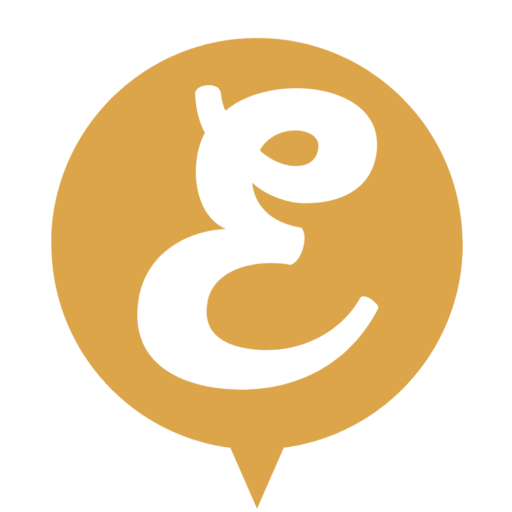 أيقونة شعار إنجليزية بحرف "e" أبيض داخل دائرة ذهبية.
