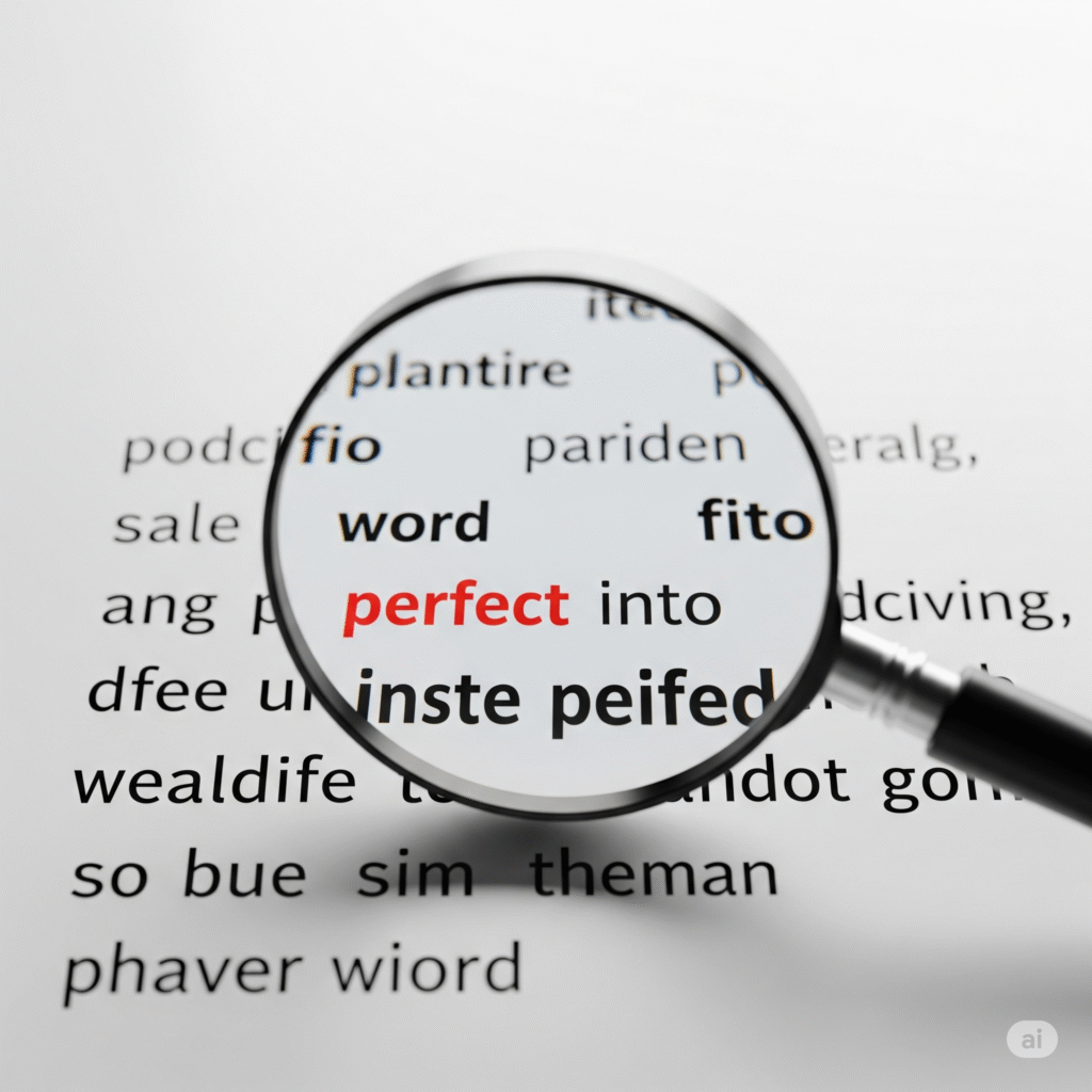 عدسة مكبرة تركز على كلمة "perfect" في نص إنجليزي، ترمز لاختيار المفردات بدقة.