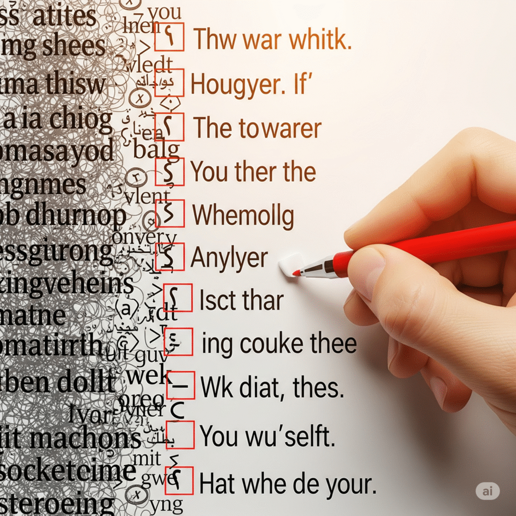 صورة يد تصحح أخطاء كتابية في نص يمزج بين الحروف الإنجليزية والعربية، ترمز لتصحيح الأخطاء الشائعة.