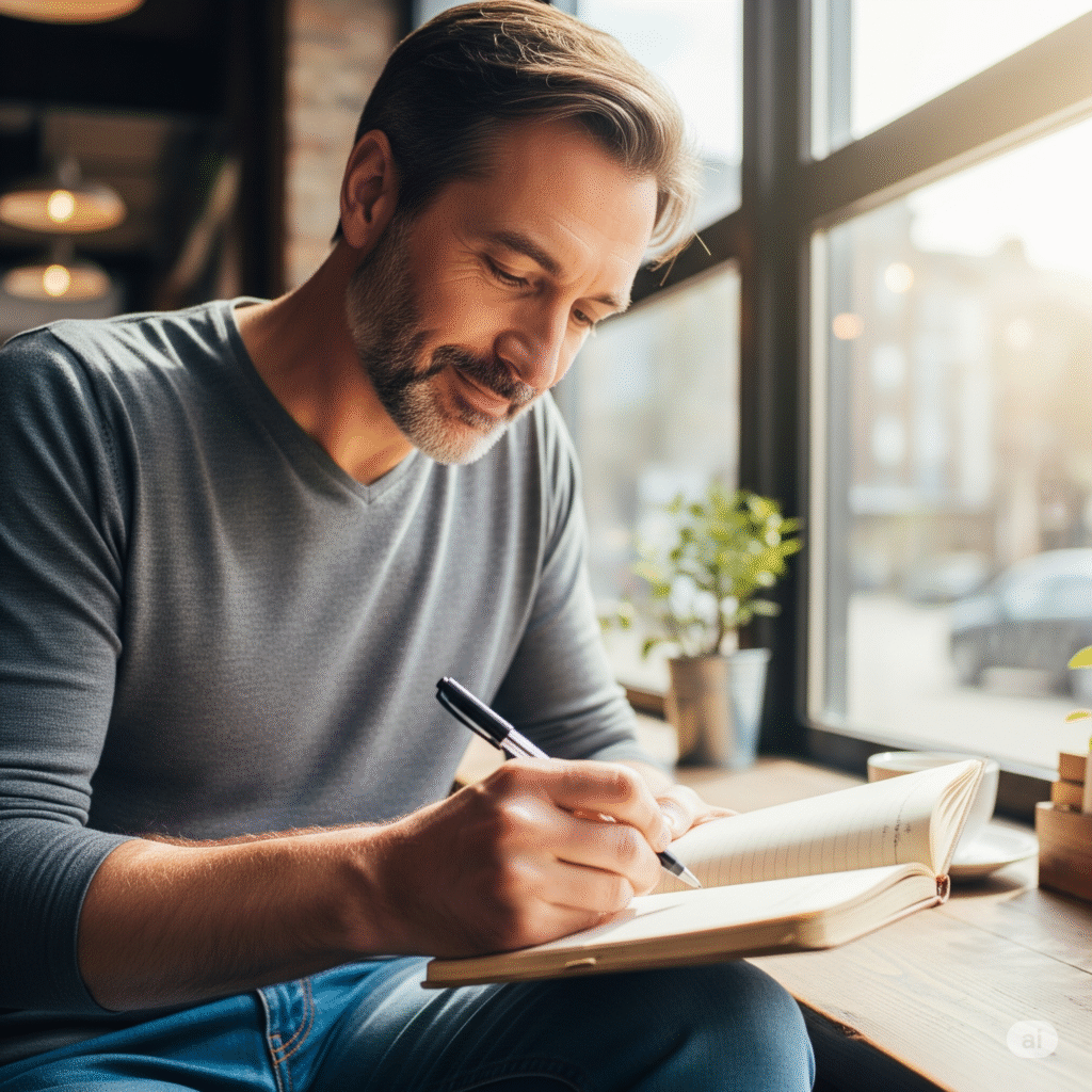 رجل يكتب في دفتر ملاحظات داخل مقهى، يعبر عن الإلهام والتفكير في تطوير أسلوب الكتابة بالإنجليزية.