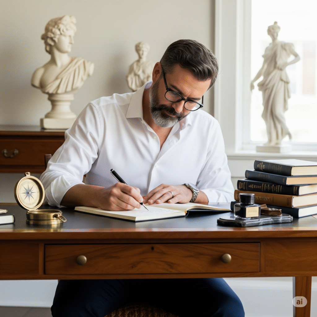 رجل يكتب بطلاقة على مكتب خشبي، يرتدي قميصًا أبيض ونظارات، محاطًا بكتب وبوصلة، يرمز إلى إتقان الكتابة باللغة الإنجليزية والتوجيه.